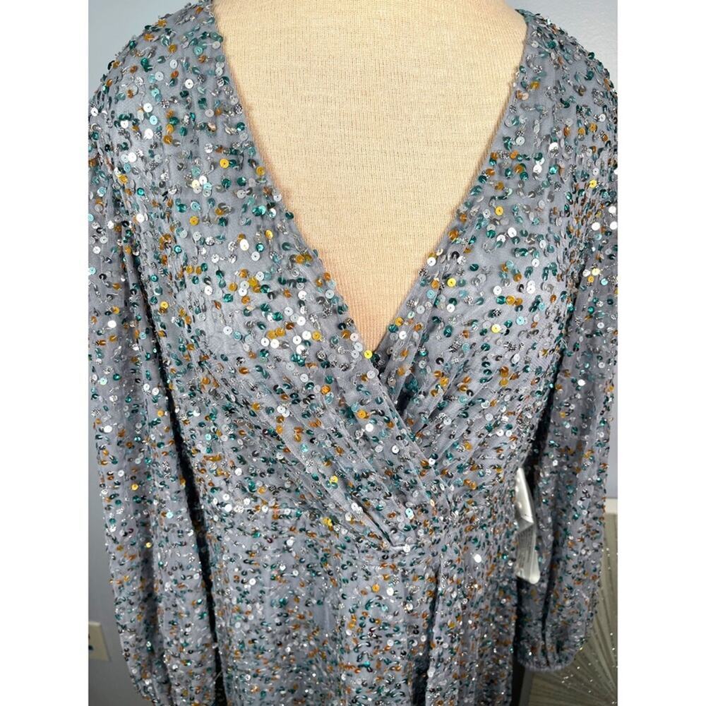 MAC DUGGAL Multi Colored Sequin Silver Long Sleeve Maxi Gown Size 16 - Picture 4 of 9